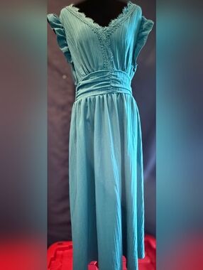 Teal Sleeveless V-Neck Midi Dress with Ruffle Shoulders No Tag Fits Approx Sz L